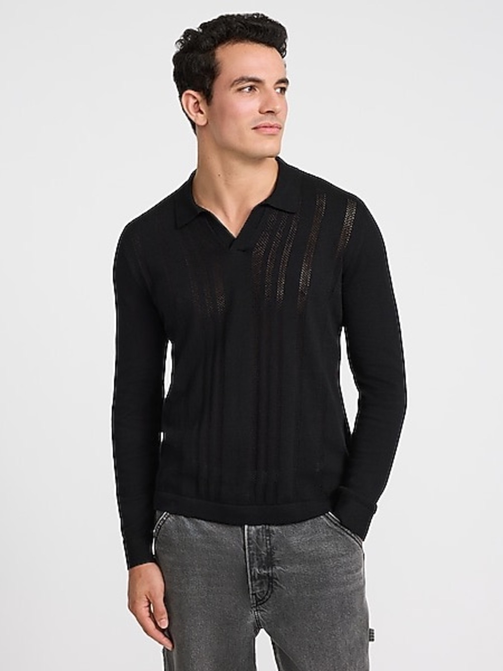 Express Knit Johnny Collar Sweater Polo Long Sleeve Cotton L Preppy New $88